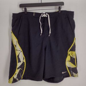 Nike Lined Side Pattern Embroidered Swoosh Black & Yellow Swim Trunks